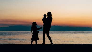 a mother and her kids on the beach