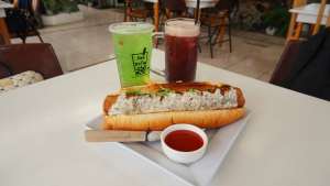 Green Apple Fizzy Drink, Blueberry Fruit Tea, & Classic Chicken Sub. Photo by Leila Rolith