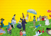 Studio Ghibli characters with a yellow notebook lines background